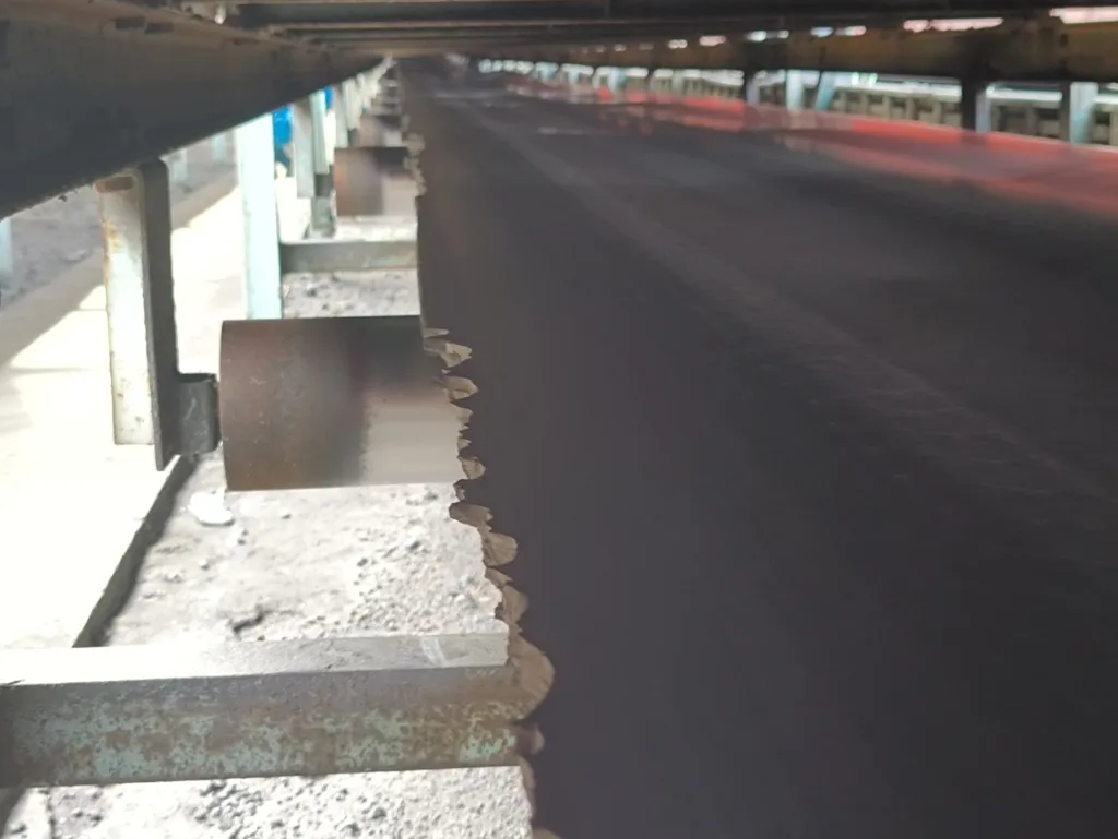 Repeated contact along one belt edge has produced an irregular worn profile, making tracking, alignment and local interference important areas to inspect.